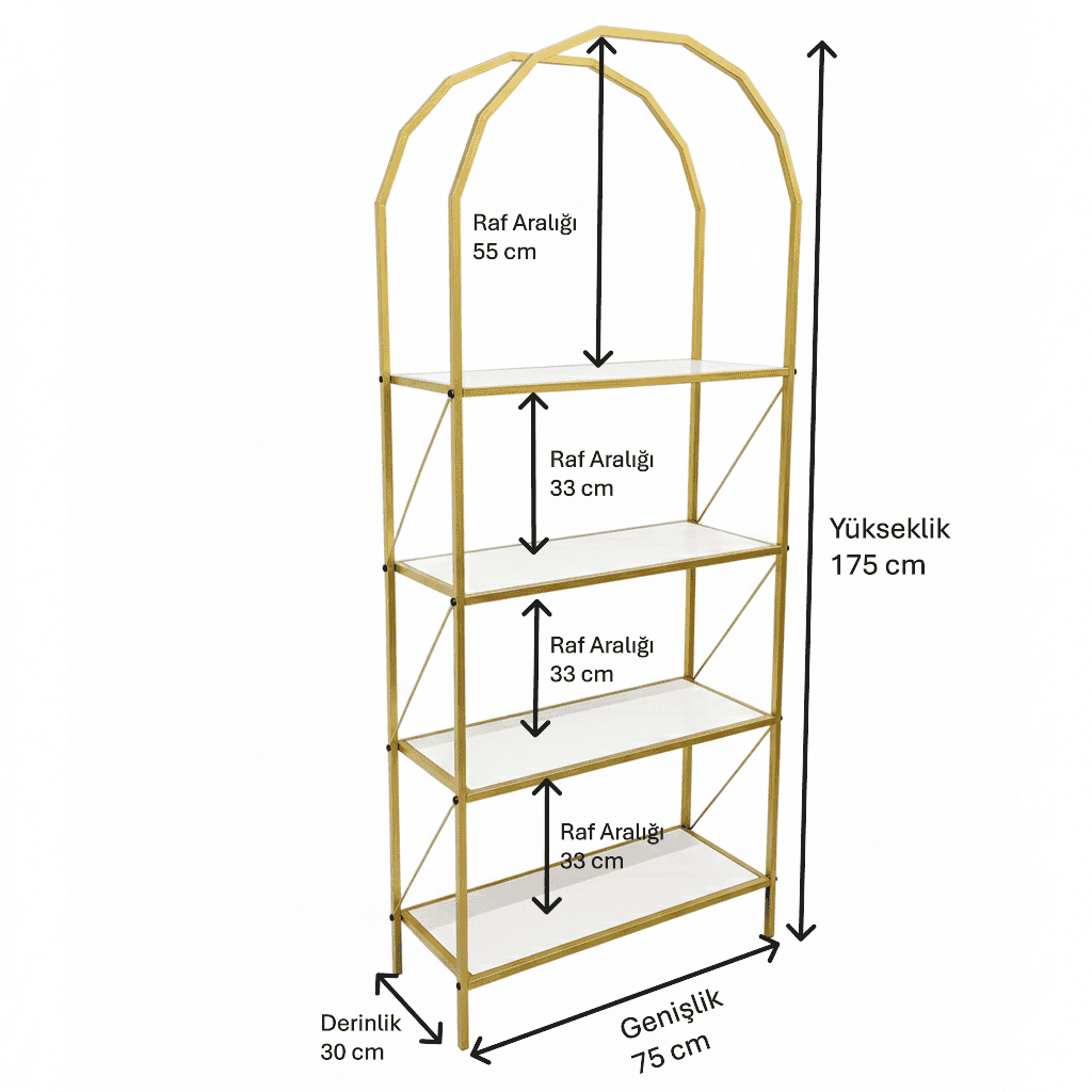 Metal Gold 4 Raflı Kitaplık Oval Sekizgen Çok Amaçlı Dolap