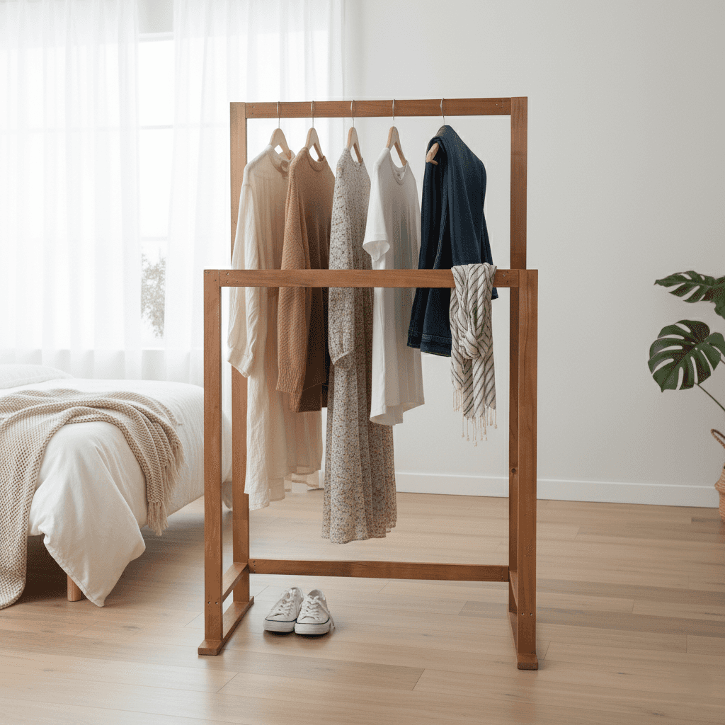 Ahşap Elbise Askısı 2li Kıyafet Askısı Ayaklı Askılık