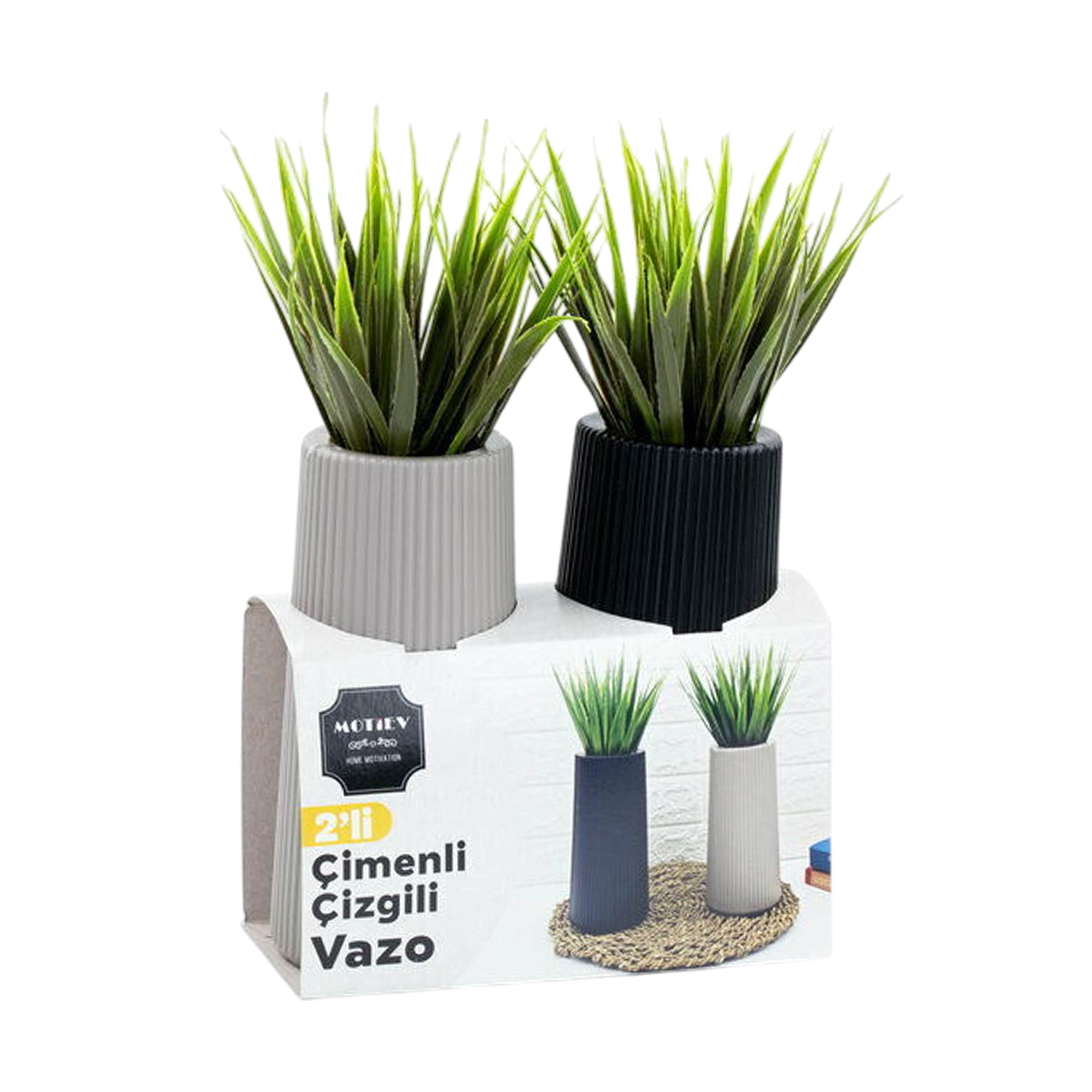 2li Çizgili Yapay Çimenli Vazo Seti