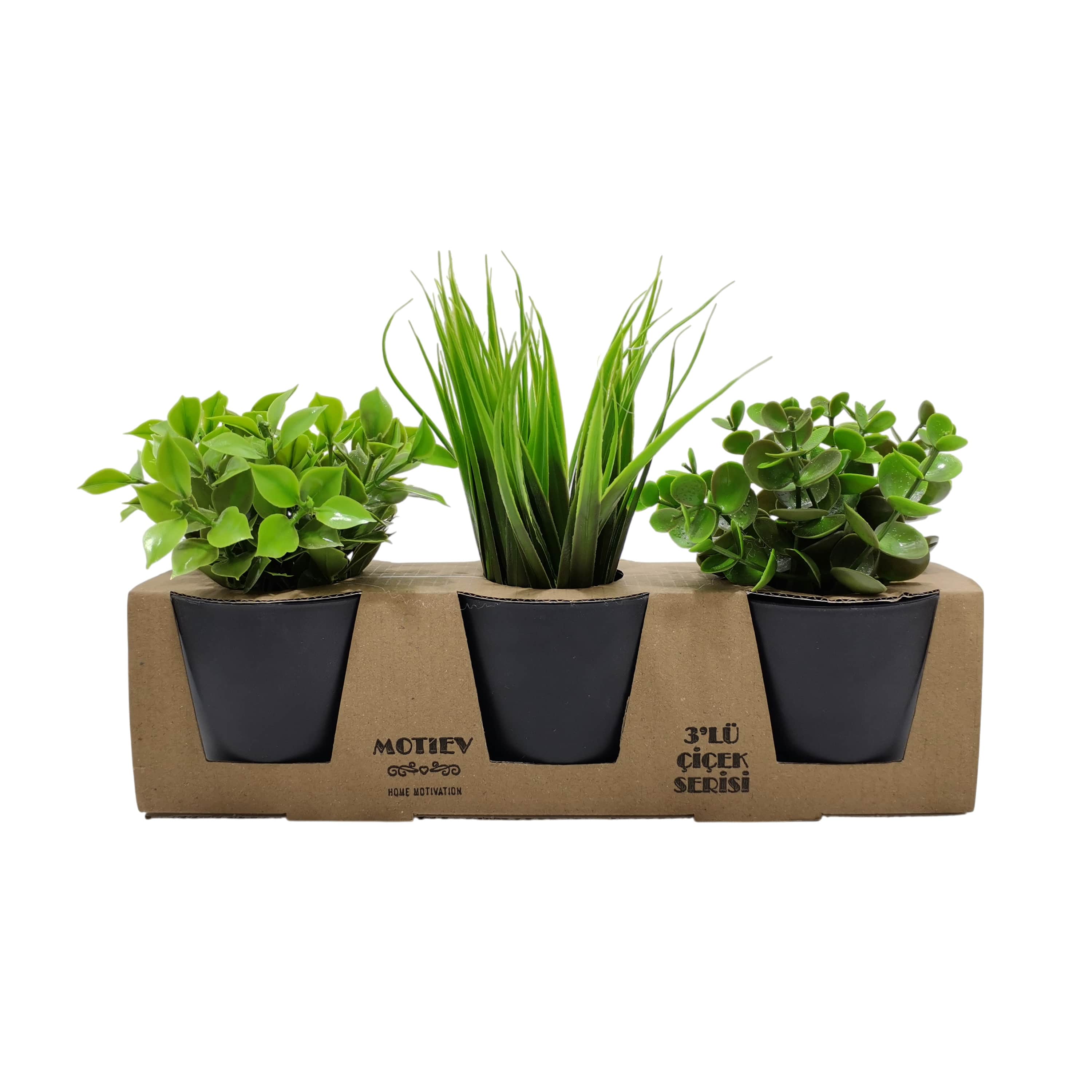 3lü Yapay Çiçek Yaprak Saksı Seti