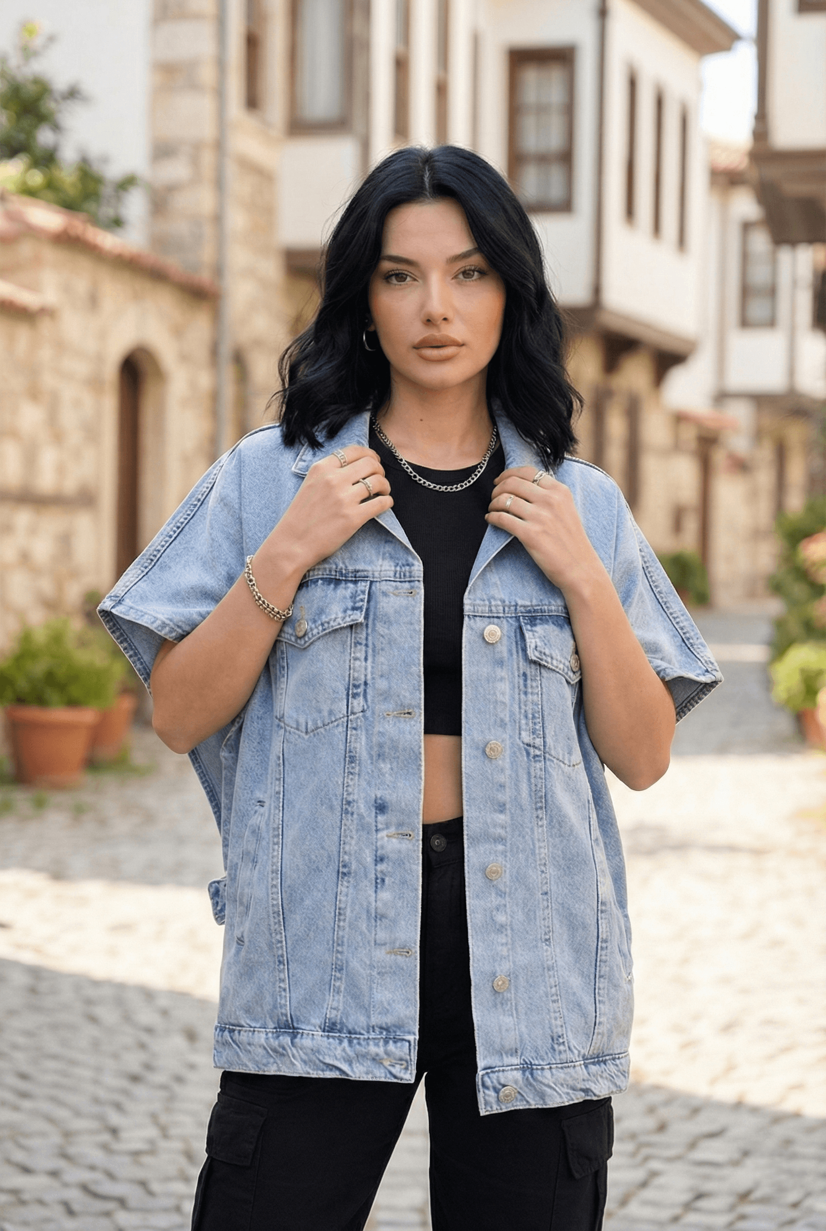Vovikon Buz Kar Yarasa Kol Panço Oversize Denim Yelek Vovikon Buz Kar Yarasa Kol Panço Oversize Denim Yelek - Görsel 2