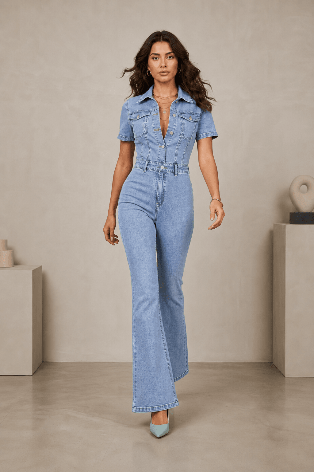 Vovikon Kısa Kollu Buz Kar İspanyol Paça Denim Tulum Vovikon Kısa Kollu Buz Kar İspanyol Paça Denim Tulum - Görsel 2