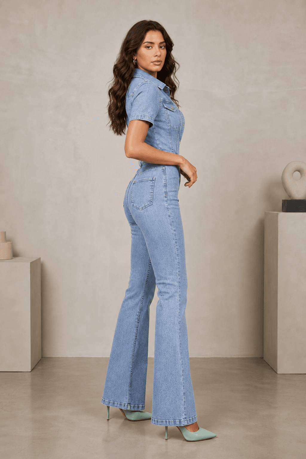 Vovikon Kısa Kollu Buz Kar İspanyol Paça Denim Tulum Vovikon Kısa Kollu Buz Kar İspanyol Paça Denim Tulum - Görsel 3
