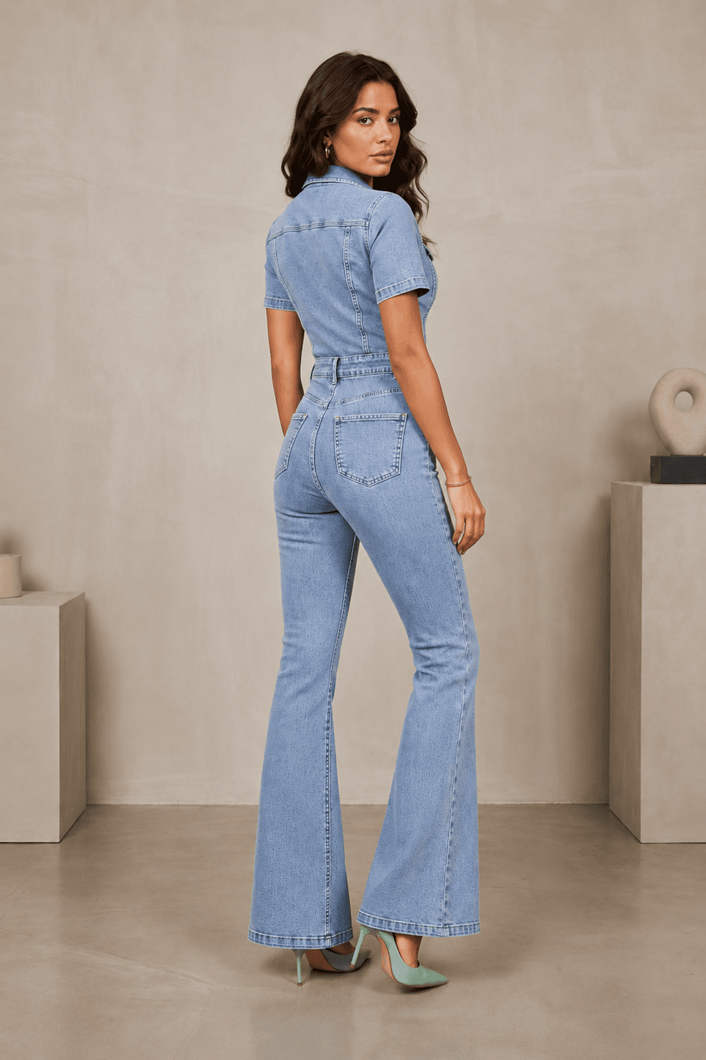 Vovikon Kısa Kollu Buz Kar İspanyol Paça Denim Tulum Vovikon Kısa Kollu Buz Kar İspanyol Paça Denim Tulum - Görsel 5