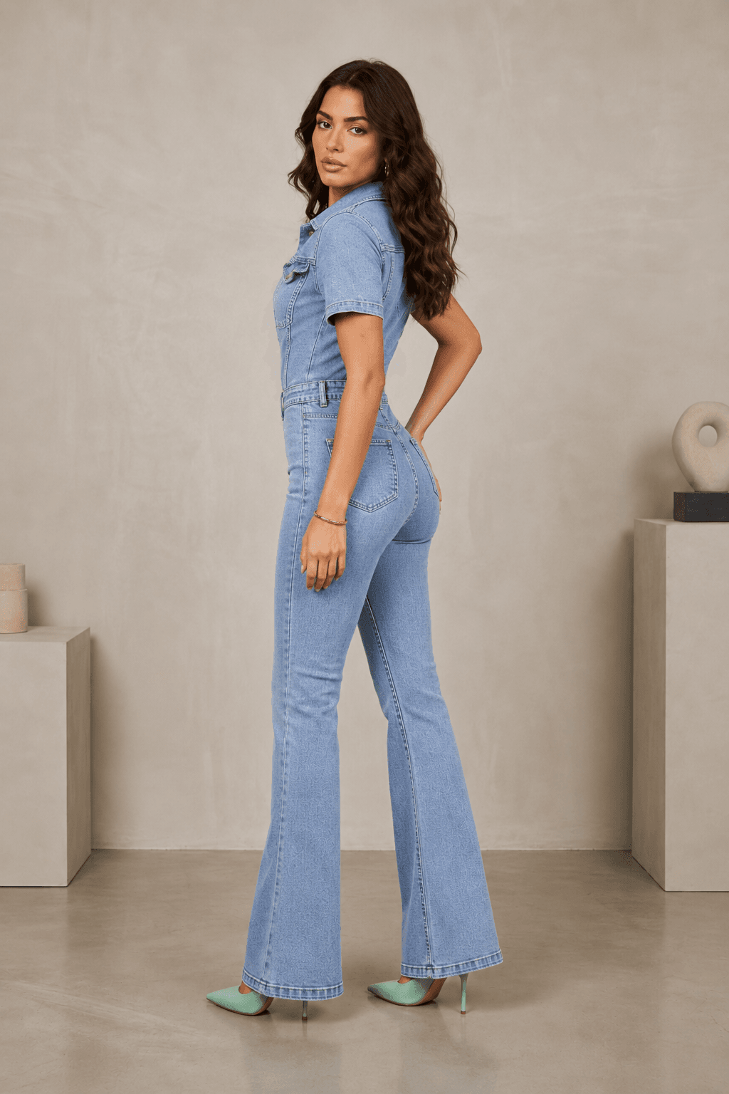 Vovikon Kısa Kollu Buz Kar İspanyol Paça Denim Tulum Vovikon Kısa Kollu Buz Kar İspanyol Paça Denim Tulum - Görsel 7