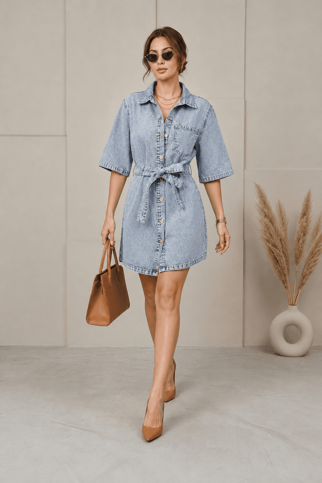 Vovikon Kuşaklı Taş Yıkama Tek Cep Denim Tunik Elbise Vovikon Kuşaklı Taş Yıkama Tek Cep Denim Tunik Elbise - Görsel 3