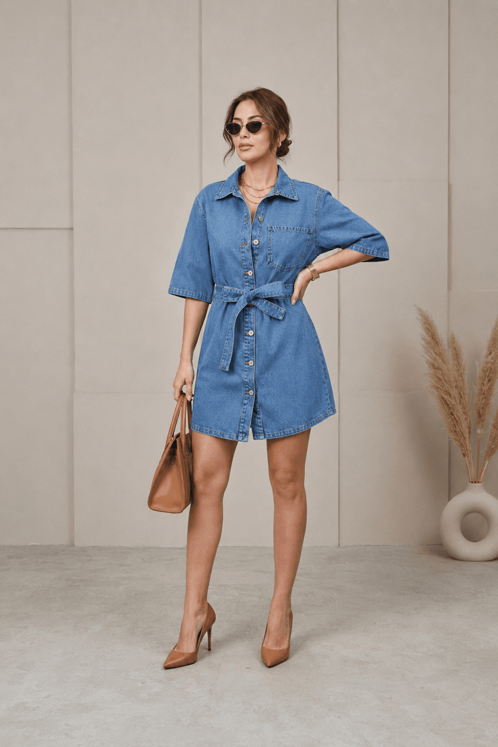 Vovikon Kuşaklı Mavi Tek Cep Denim Tunik Elbise Vovikon Kuşaklı Mavi Tek Cep Denim Tunik Elbise - Görsel 2