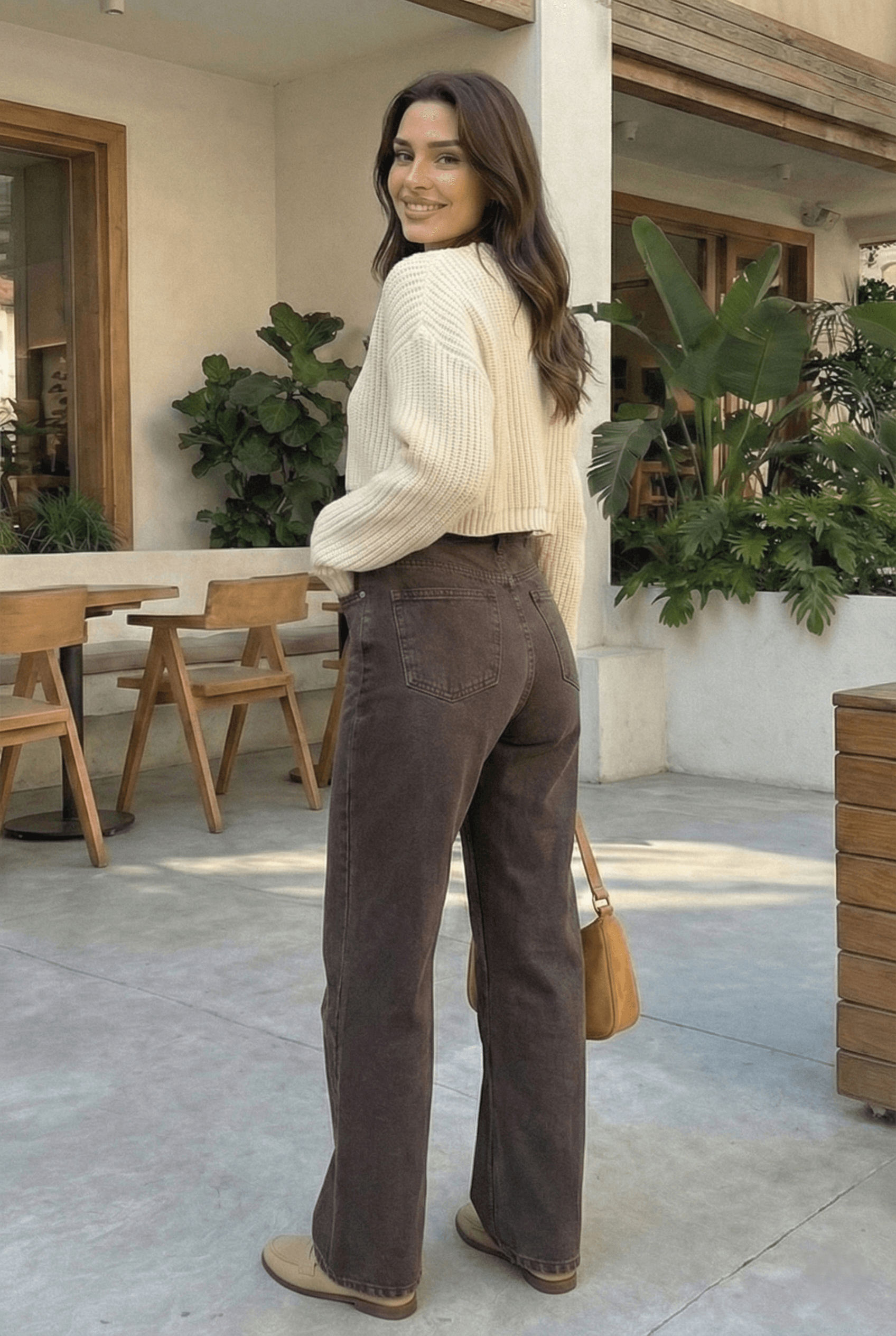 Kahverengi Taşlamalı Denim Bol Paça Jean Kahverengi Taşlamalı Denim Bol Paça Jean - Görsel 6