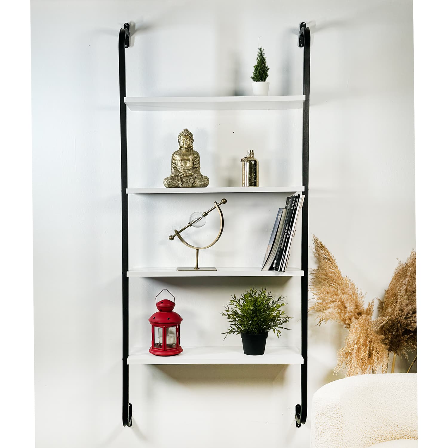 Beyaz Duvar Kitaplığı Duvara Monte Raf 4 Katlı Kitaplık 5525