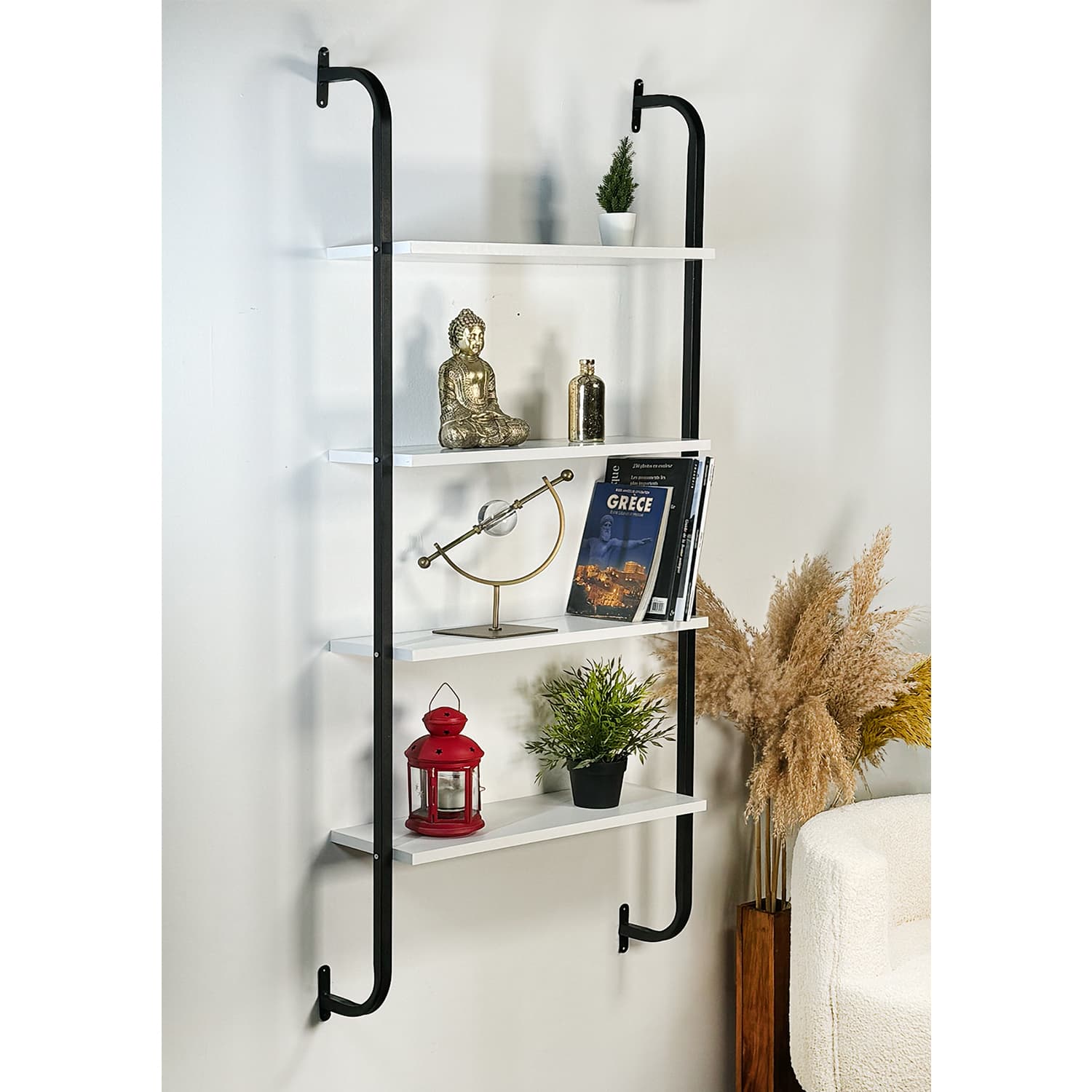 Beyaz Duvar Kitaplığı Duvara Monte Raf 4 Katlı Kitaplık 5525