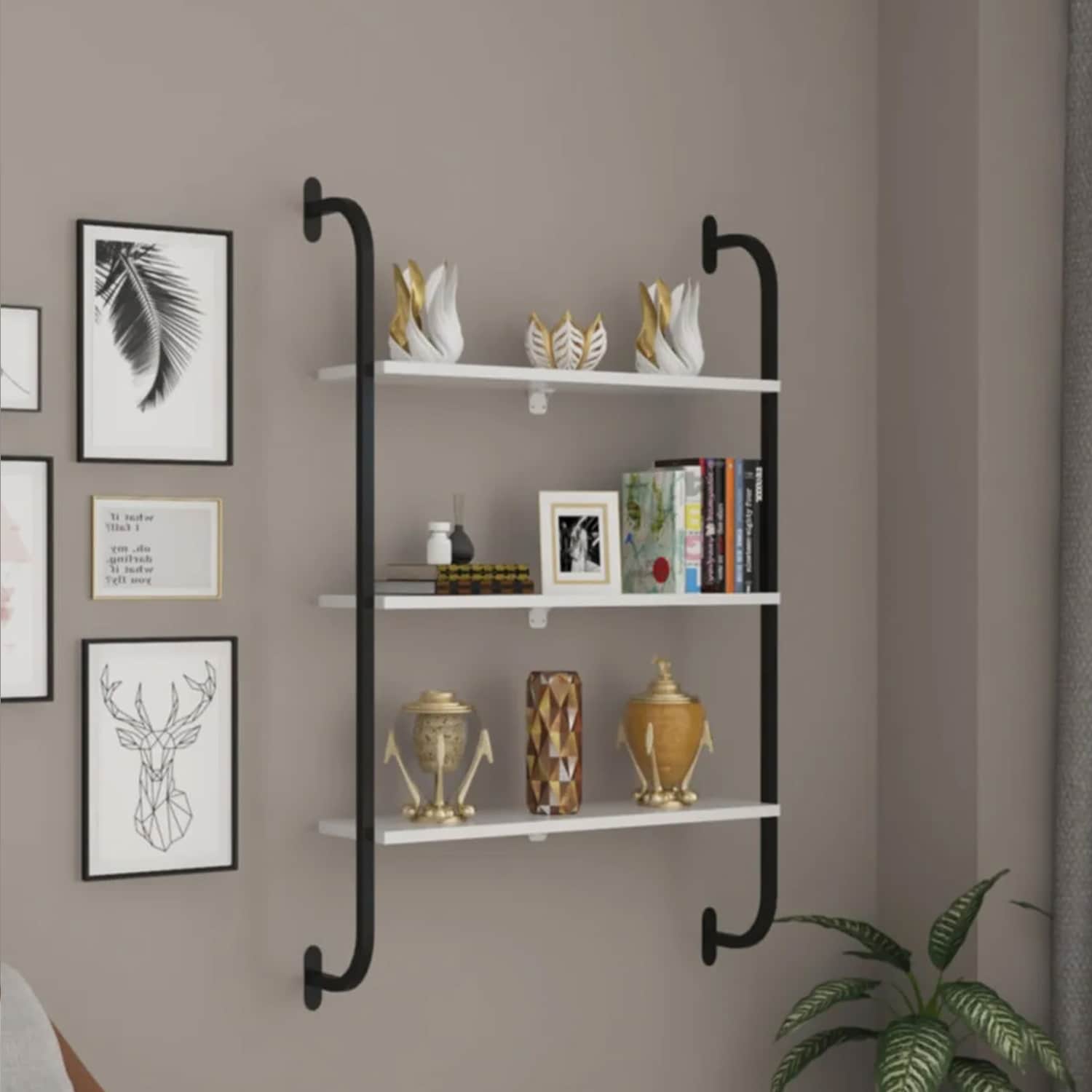 Beyaz Duvara Monte Kitaplık 3 Katlı Duvar Rafı 5535