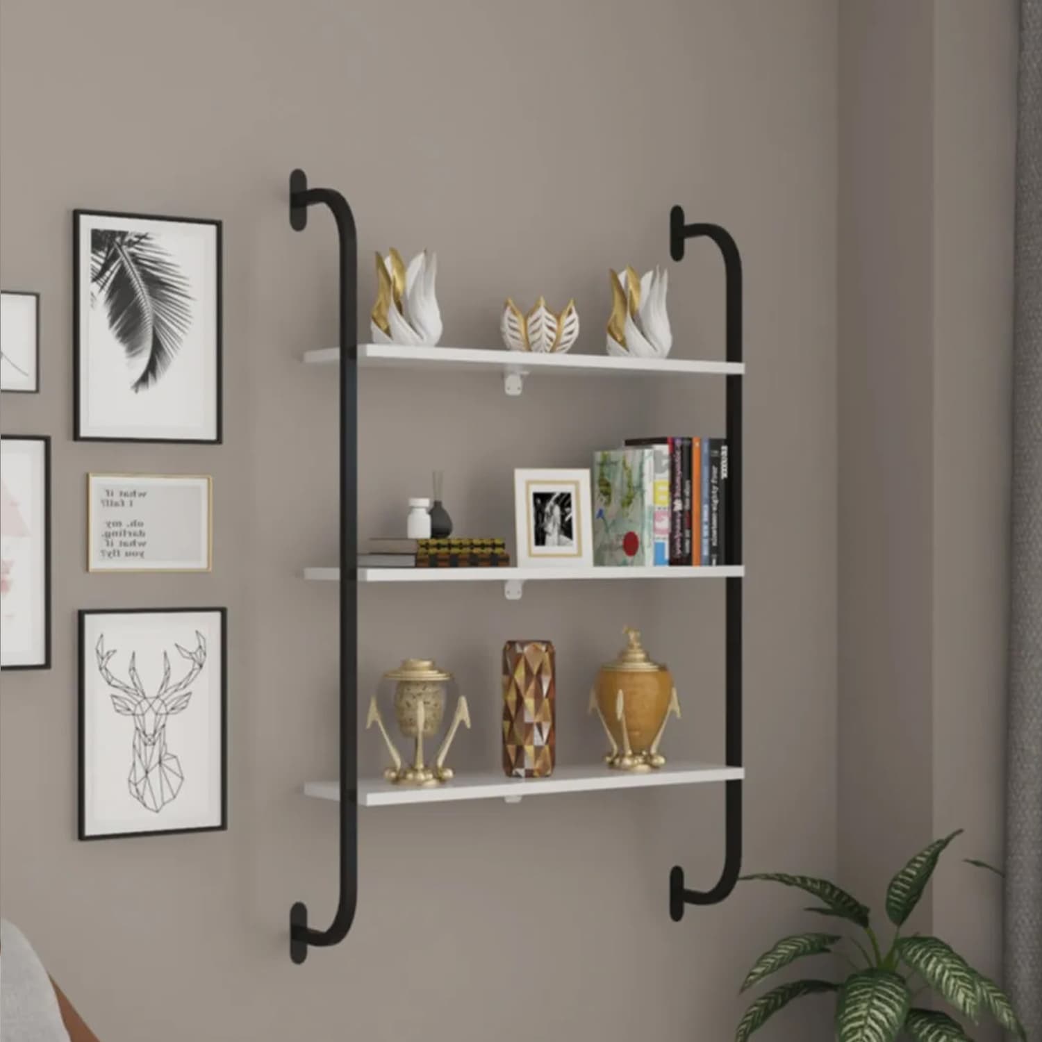 Beyaz Duvara Monte Kitaplık 3 Katlı Duvar Rafı 5535