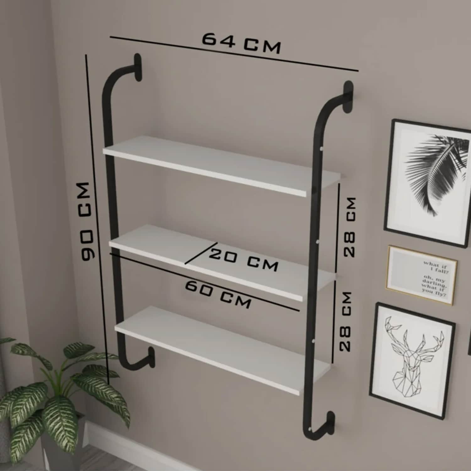 Beyaz Duvara Monte Kitaplık 3 Katlı Duvar Rafı 5535