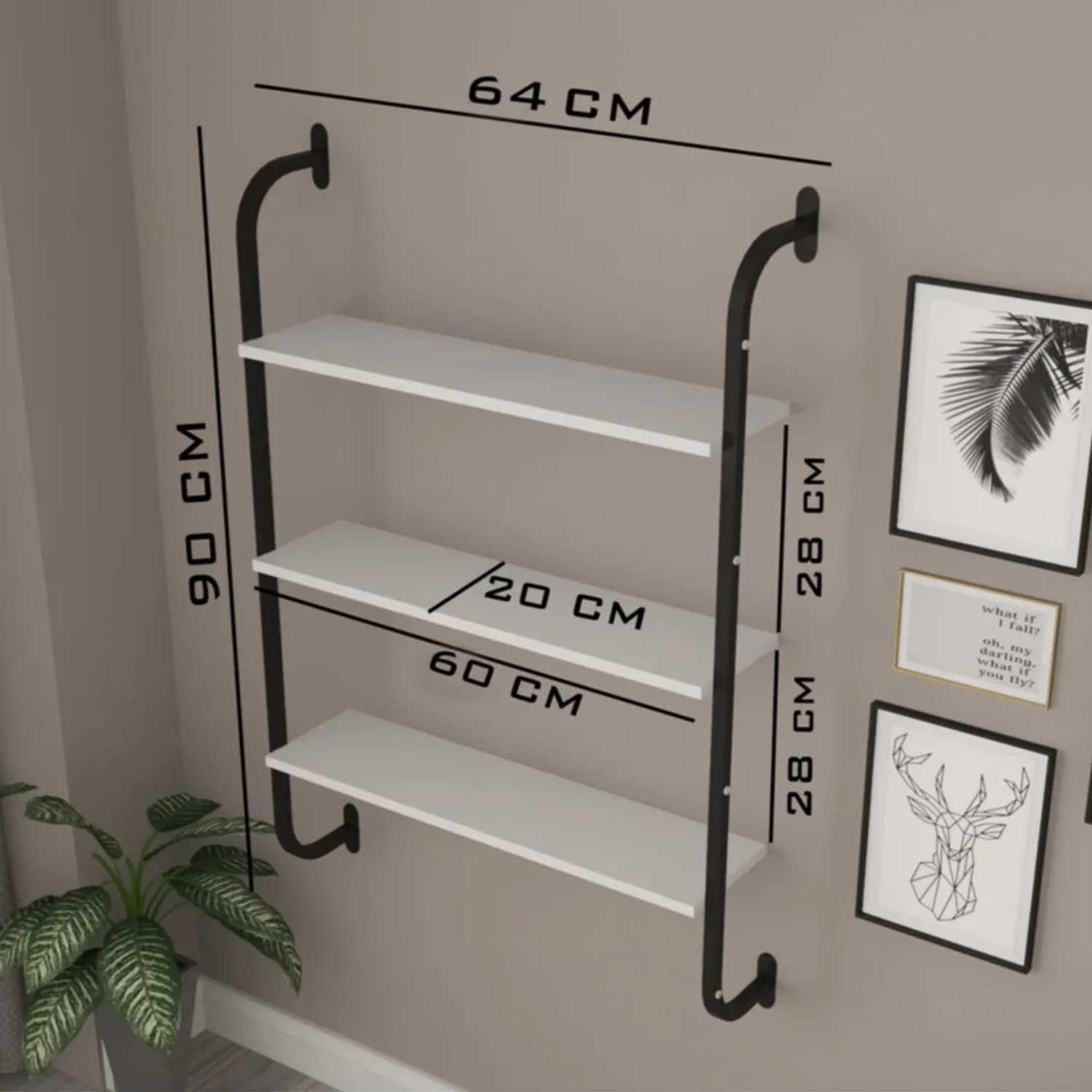 Beyaz Duvara Monte Kitaplık 3 Katlı Duvar Rafı 5535