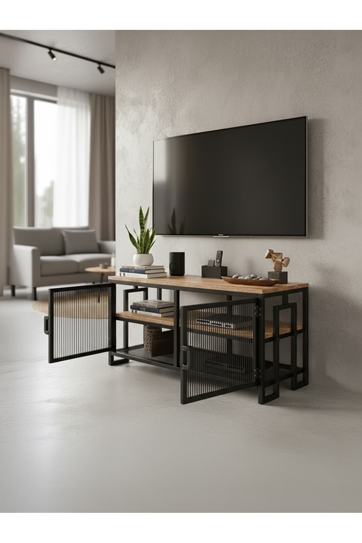 90 cm Metal Gövdeli Ahşap Tablalı Kapaklı ve Raflı TV Sehpası 90 cm Metal Gövdeli Ahşap Tablalı Kapaklı ve Raflı TV Sehpası - Görsel 1