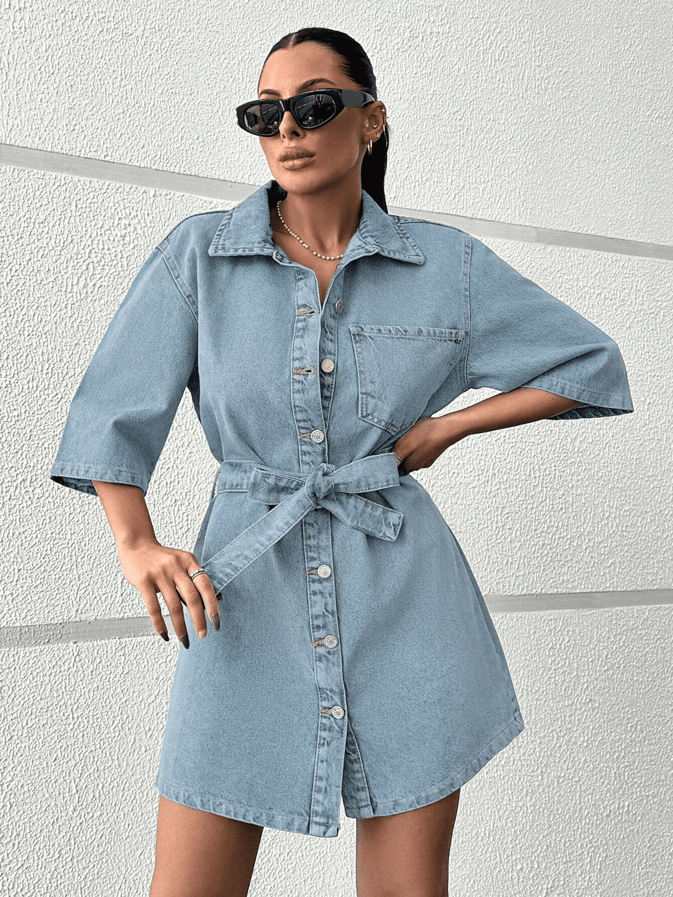 Vovikon KN Kuşaklı Kot Tek Cep Buz Mavi Elbise