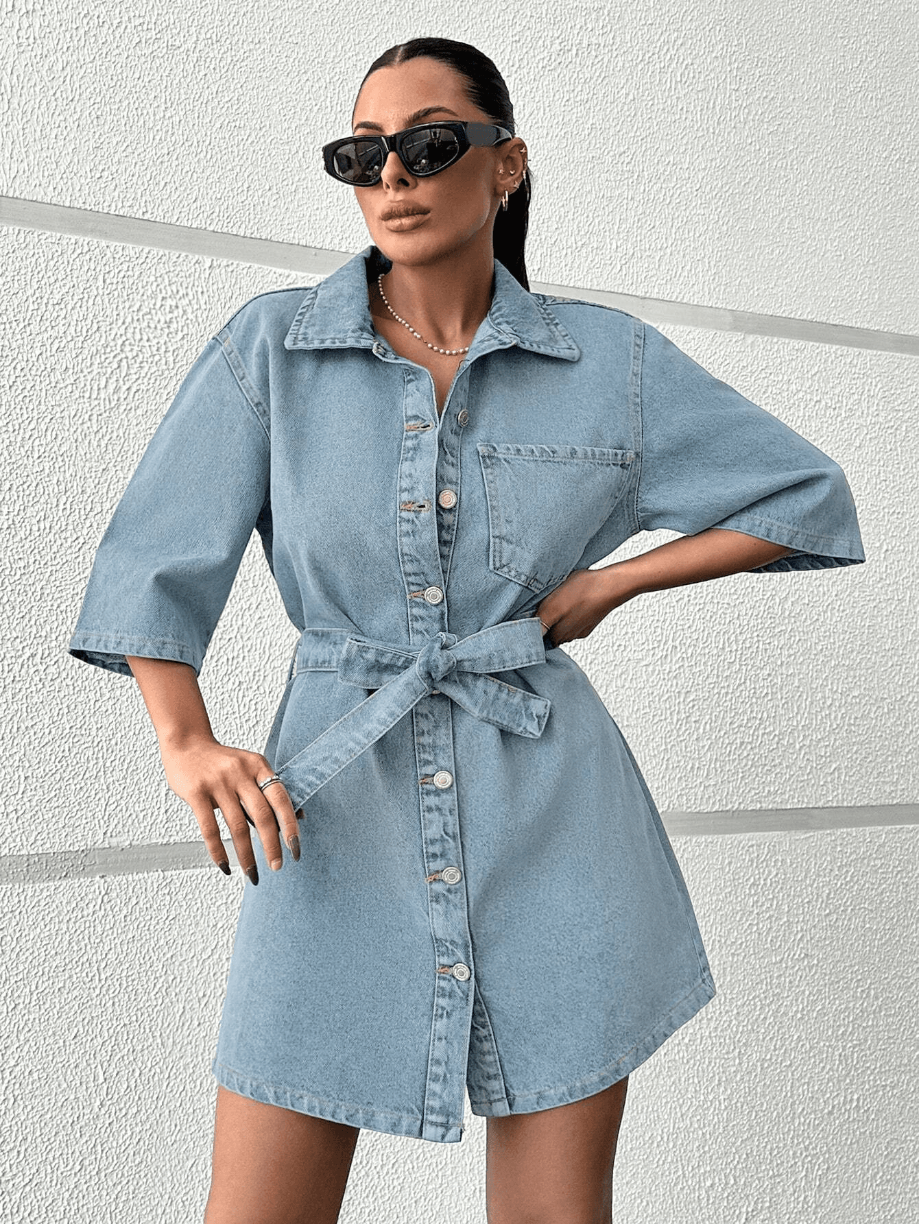 Vovikon KN Kuşaklı Kot Tek Cep Buz Mavi Elbise Vovikon KN Kuşaklı Kot Tek Cep Buz Mavi Elbise