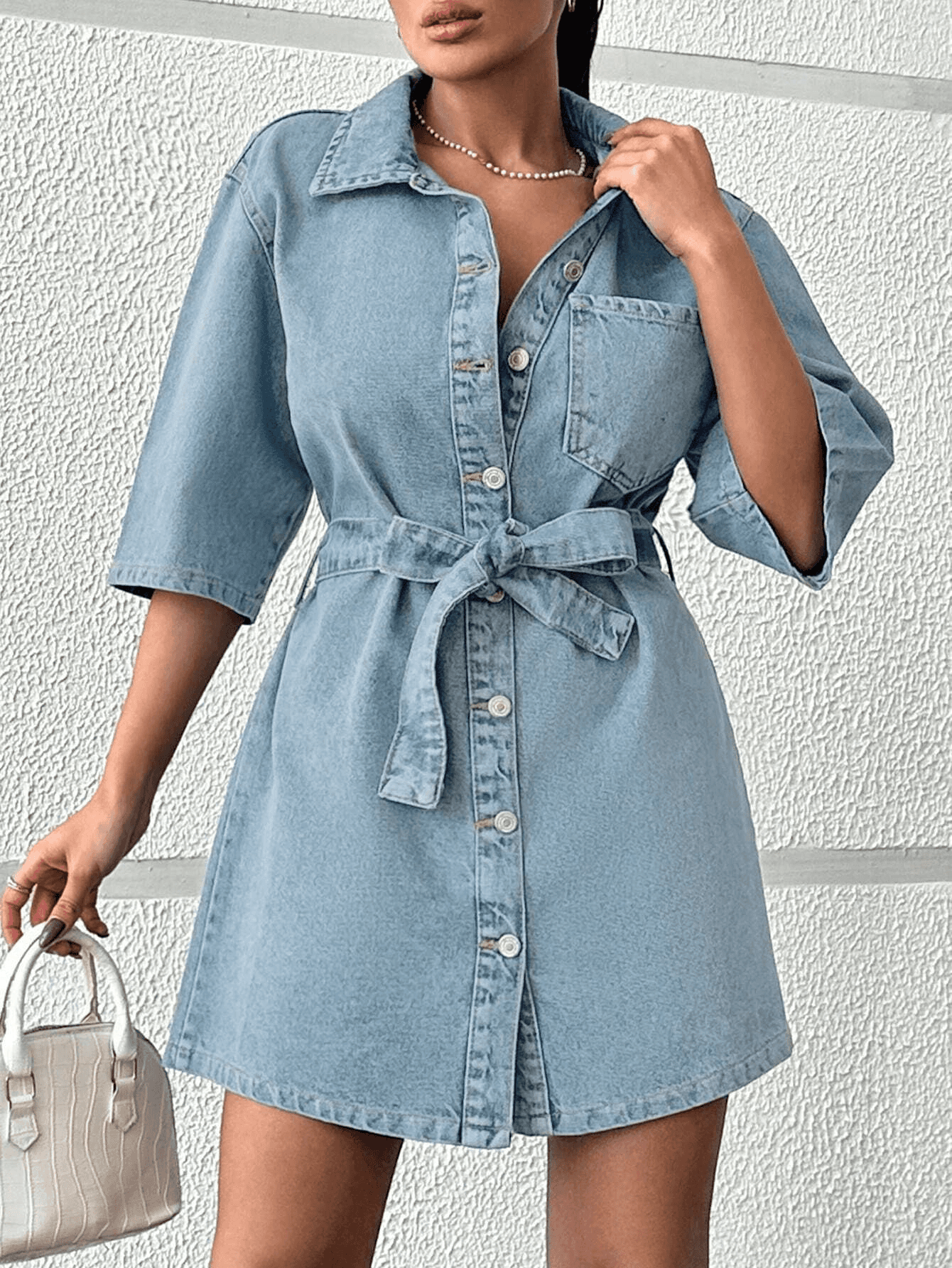 Vovikon KN Kuşaklı Kot Tek Cep Buz Mavi Elbise