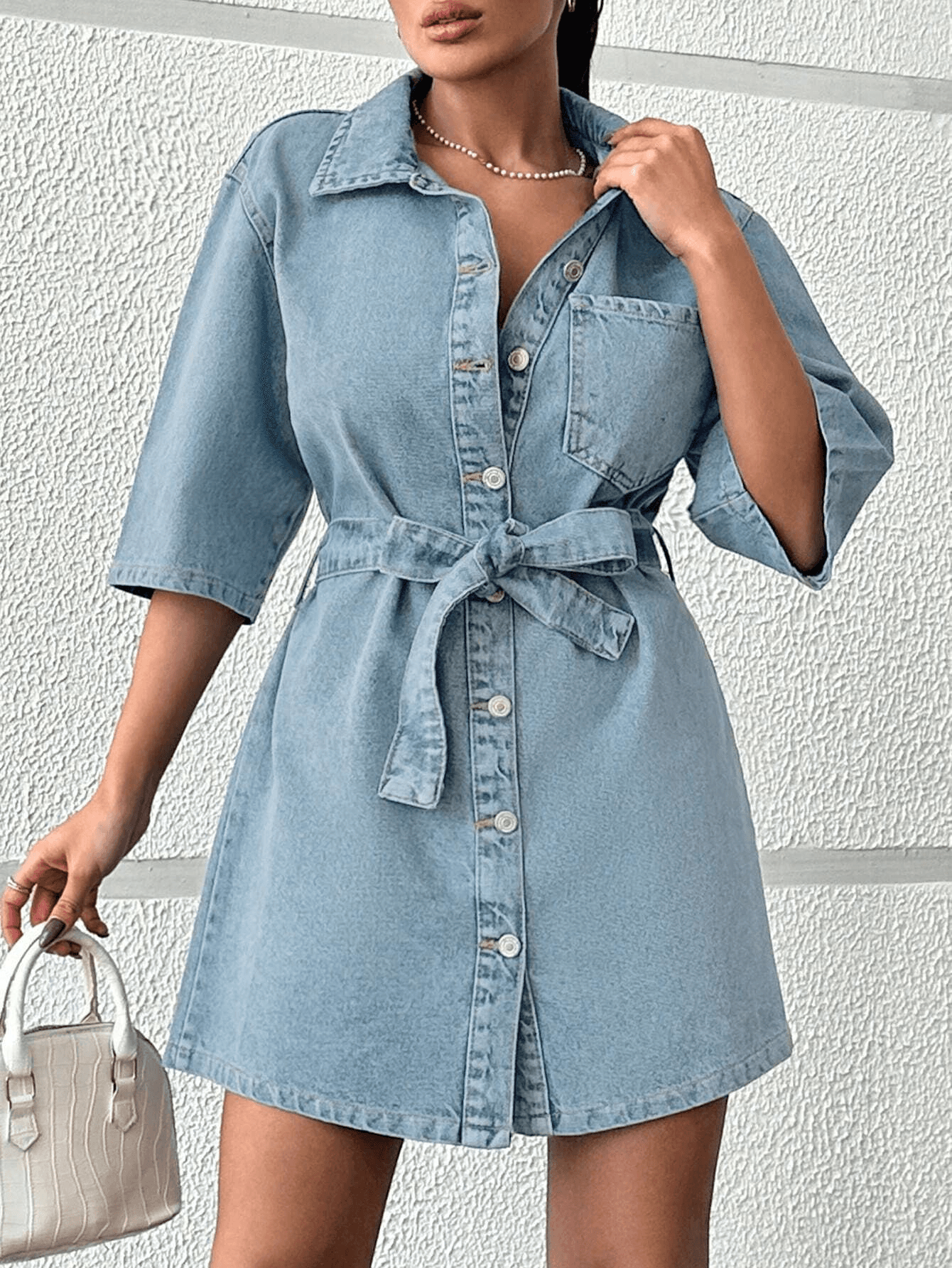 Vovikon KN Kuşaklı Kot Tek Cep Buz Mavi Elbise Vovikon KN Kuşaklı Kot Tek Cep Buz Mavi Elbise