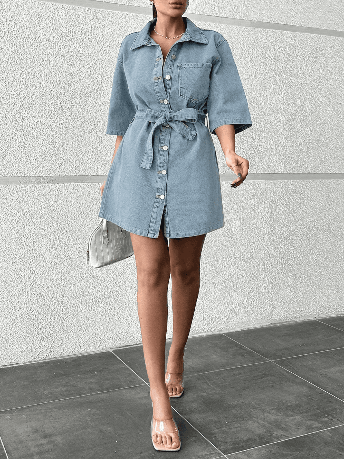 Vovikon KN Kuşaklı Kot Tek Cep Buz Mavi Elbise