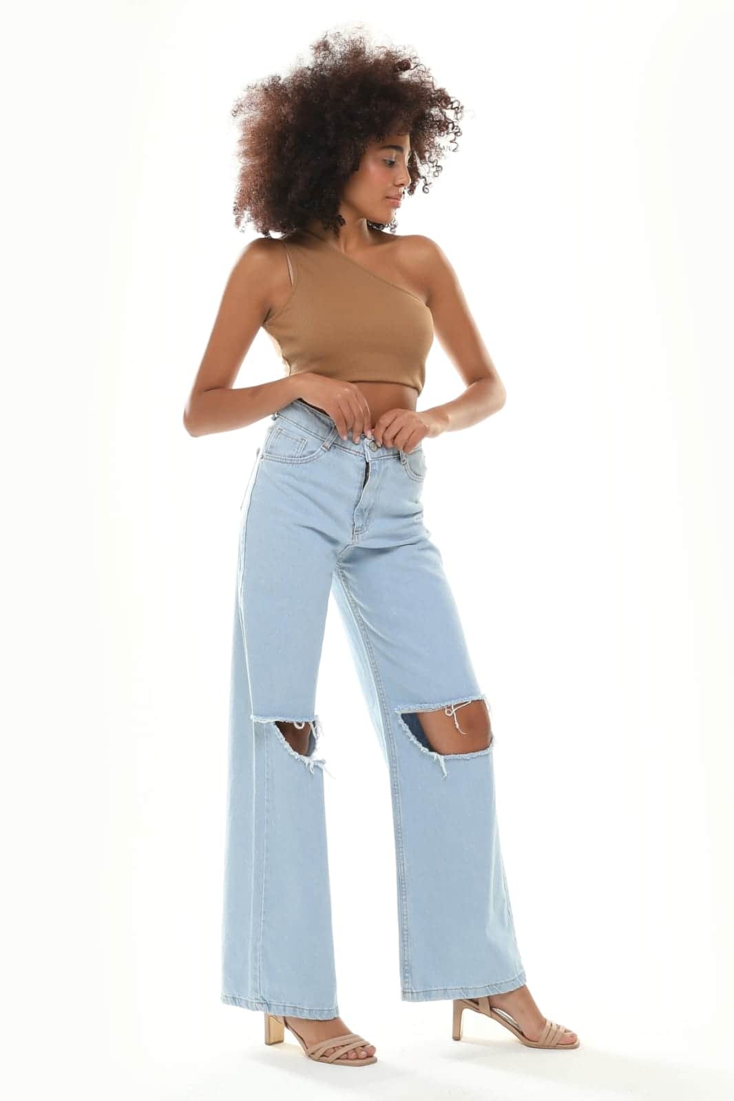 Vovikon KN Açık Diz Buz Mavi Kadın Boyfriend Bol Paça Jean Pantolon