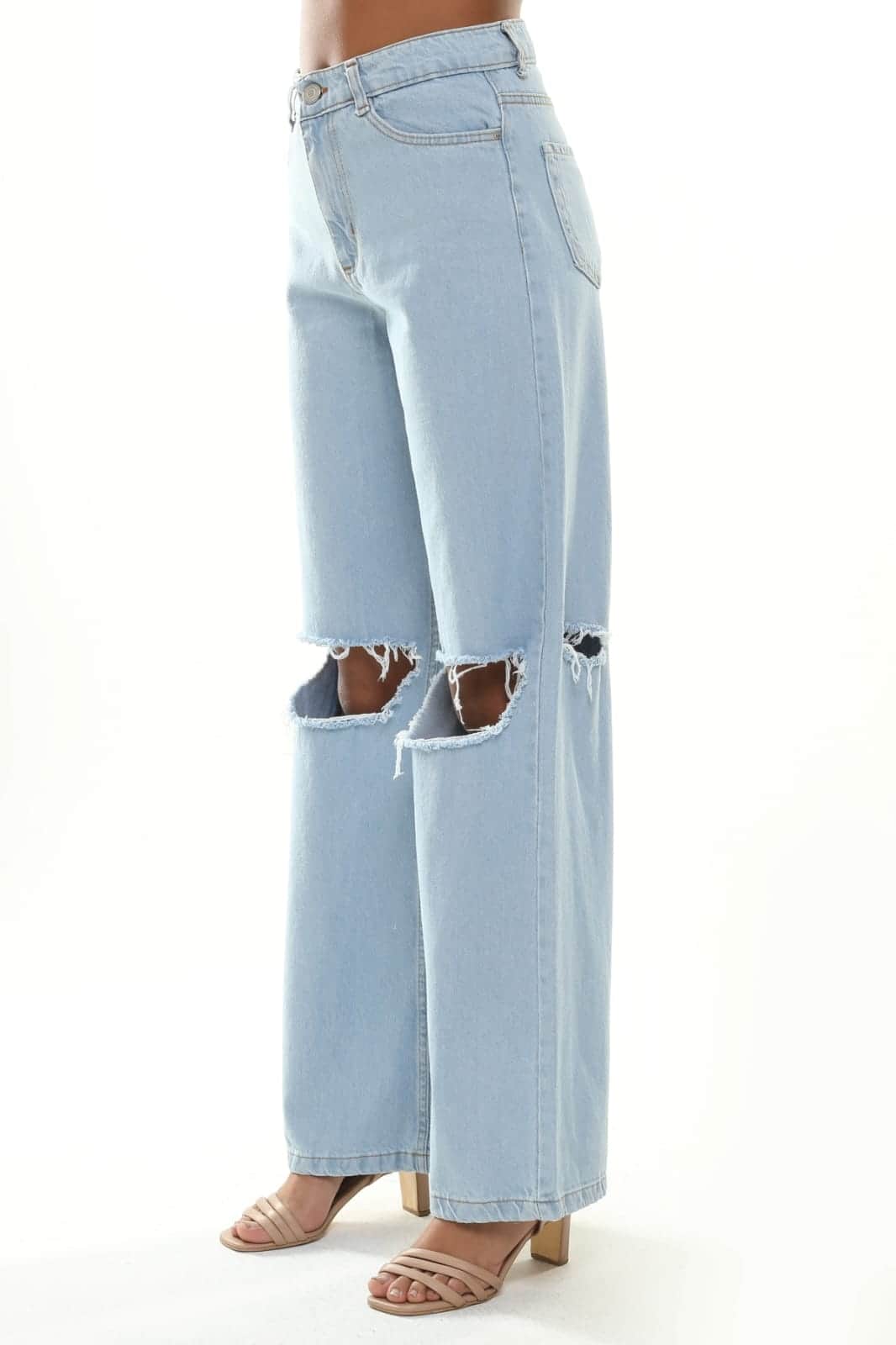 Vovikon KN Açık Diz Buz Mavi Kadın Boyfriend Bol Paça Jean Pantolon
