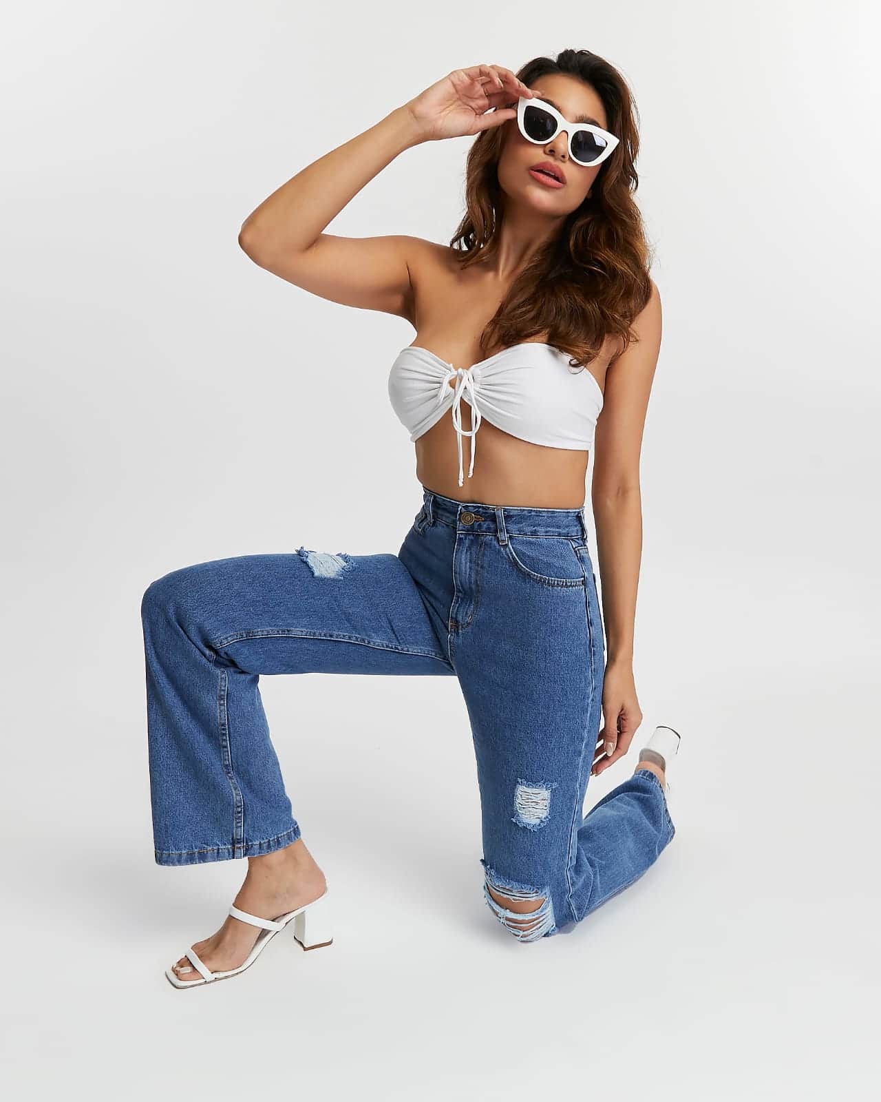 Vovikon KN Lazer Yırtık Kadın Mavi Boyfriend Bol Paça Jean Pantolon