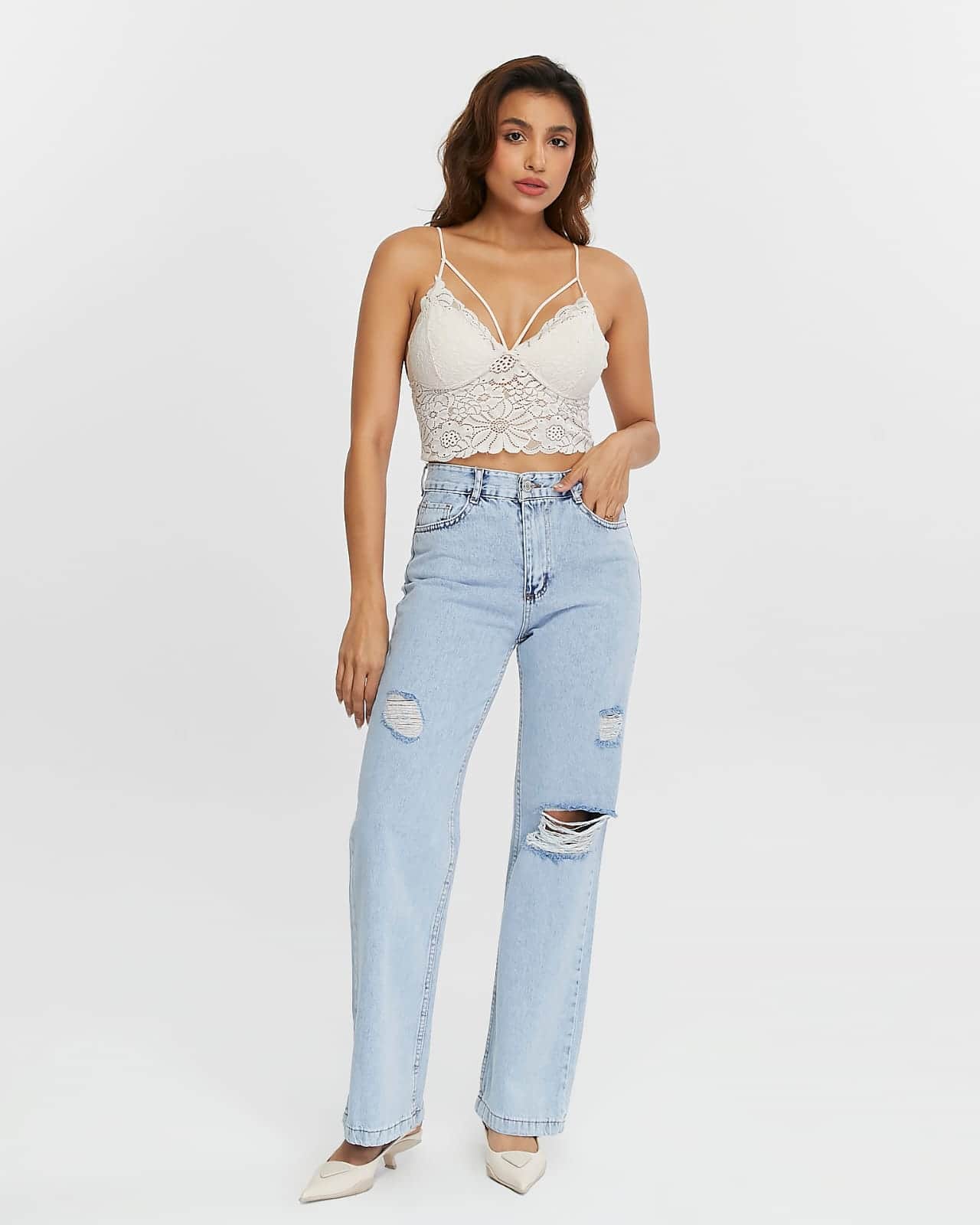 Vovikon KN Lazer Yırtık Kadın Buz Mavi Boyfriend Bol Paça Jean Pantolon