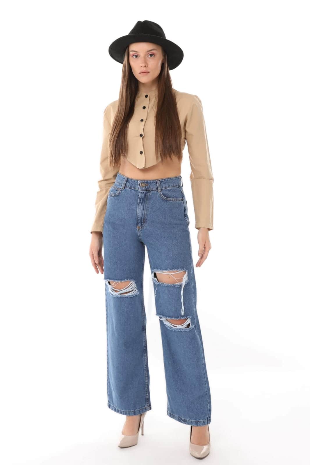 Vovikon KN Lazer Yırtık Mavi Kadın Boyfriend Bol Paça Jean Pantolon