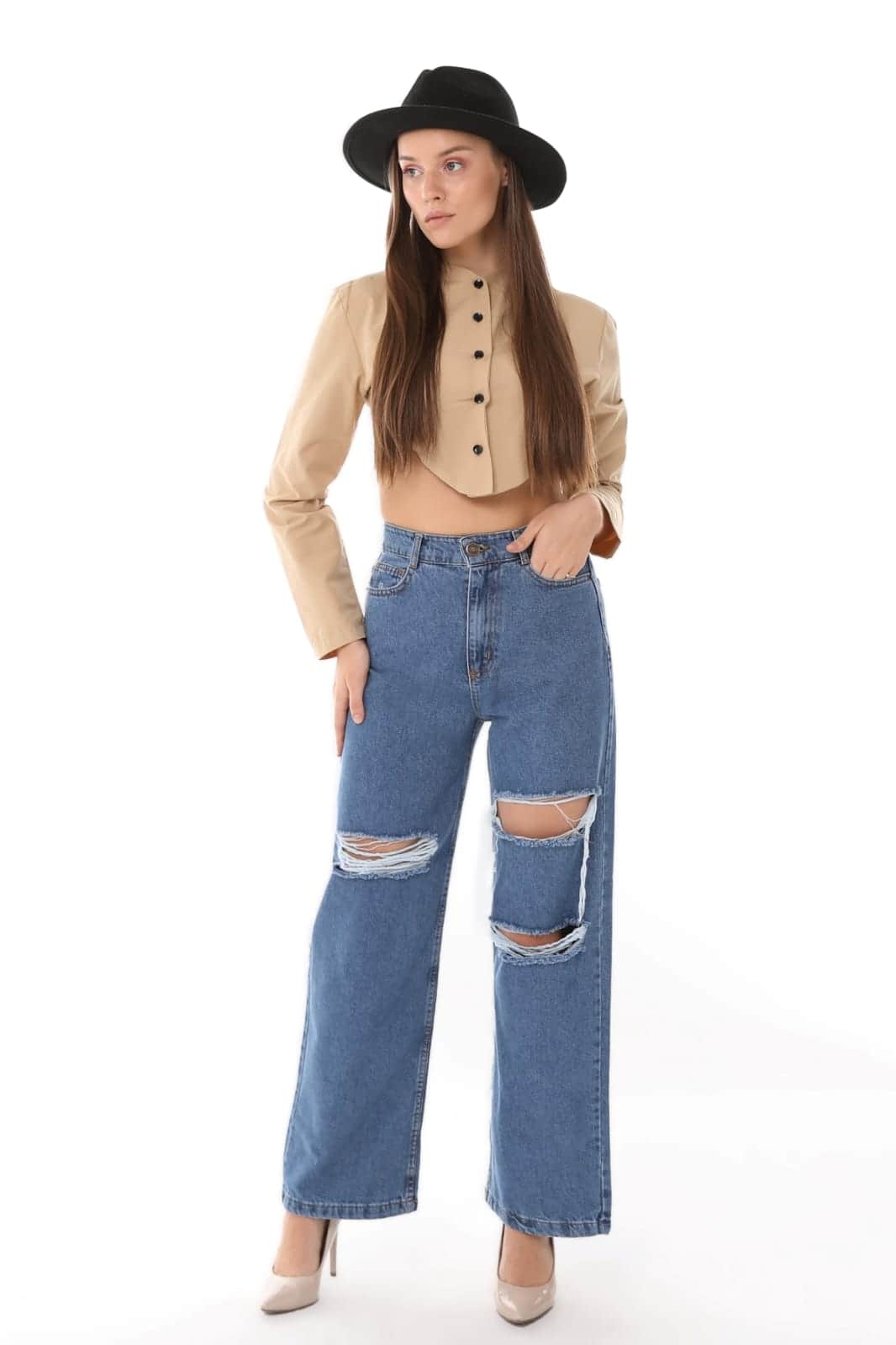 Vovikon KN Lazer Yırtık Mavi Kadın Boyfriend Bol Paça Jean Pantolon