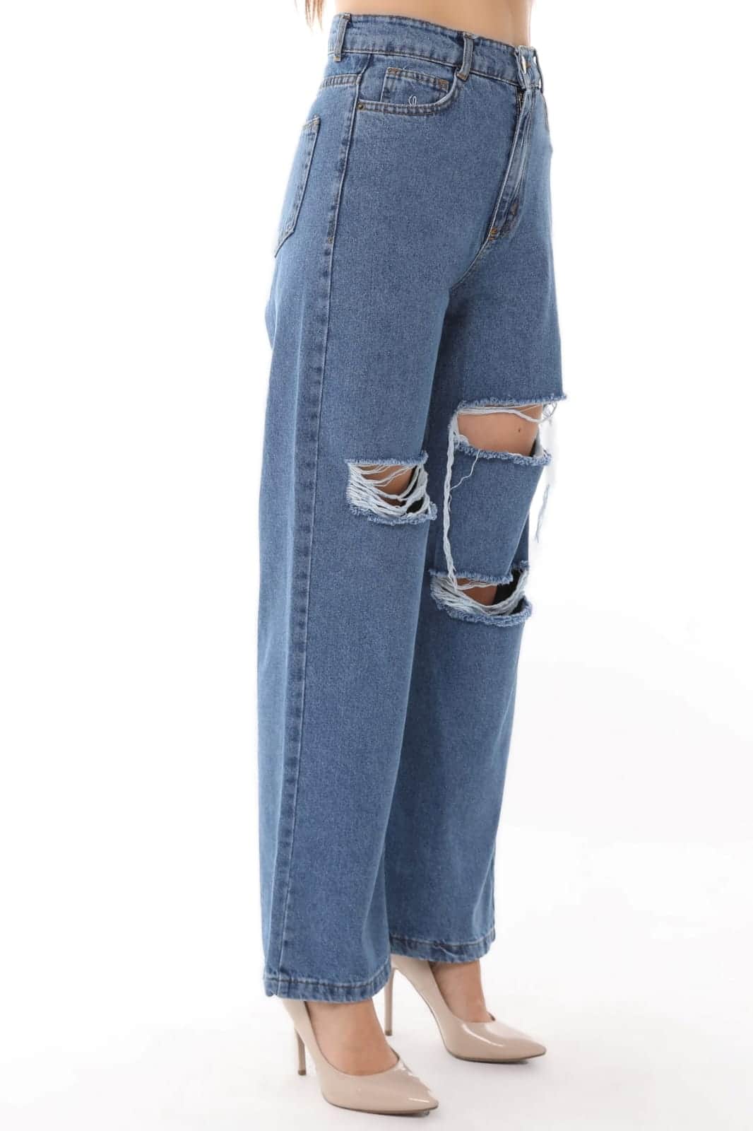Vovikon KN Lazer Yırtık Mavi Kadın Boyfriend Bol Paça Jean Pantolon