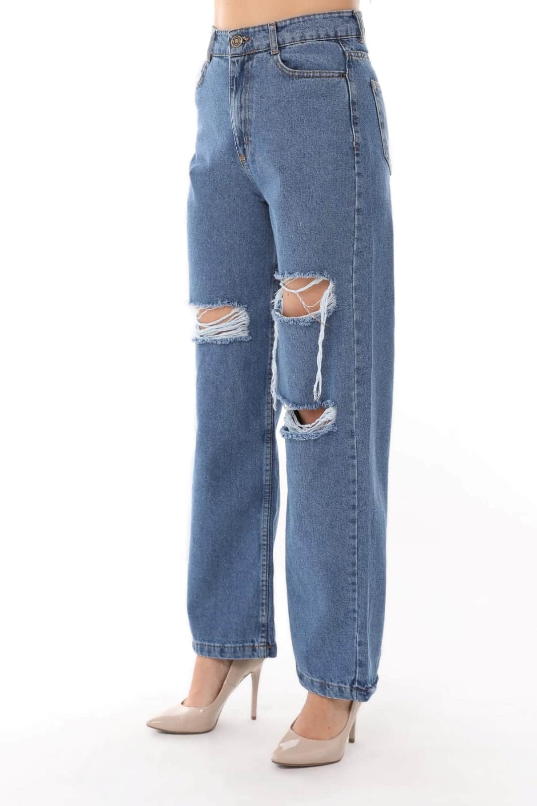 Vovikon KN Lazer Yırtık Mavi Kadın Boyfriend Bol Paça Jean Pantolon
