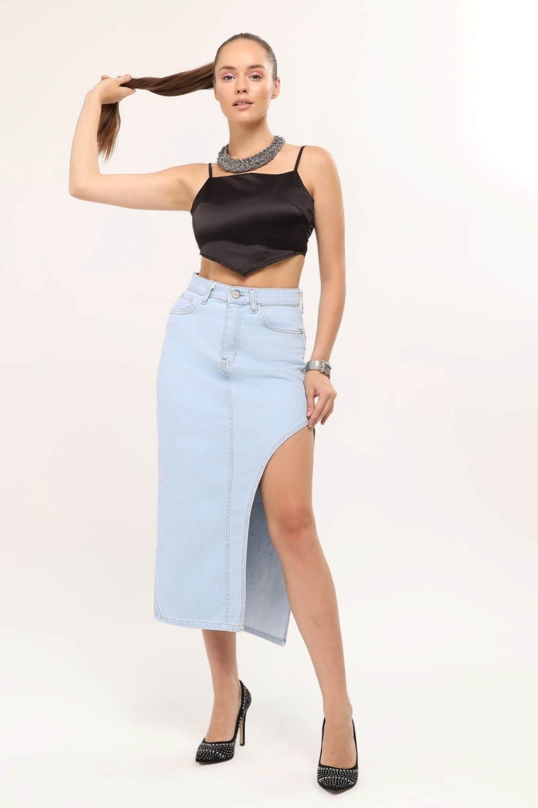 Vovikon KN Ön Parçalı Buz Mavi Denim Asimetrik Kadın Kot Etek