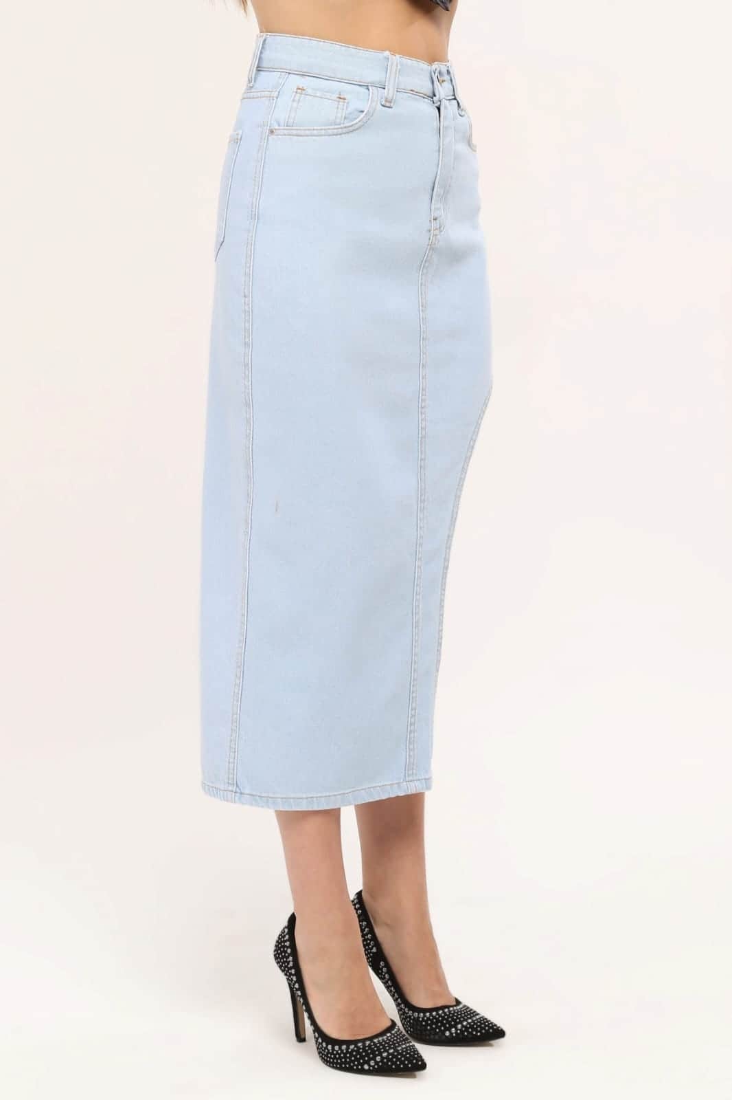 Vovikon KN Ön Parçalı Buz Mavi Denim Asimetrik Kadın Kot Etek