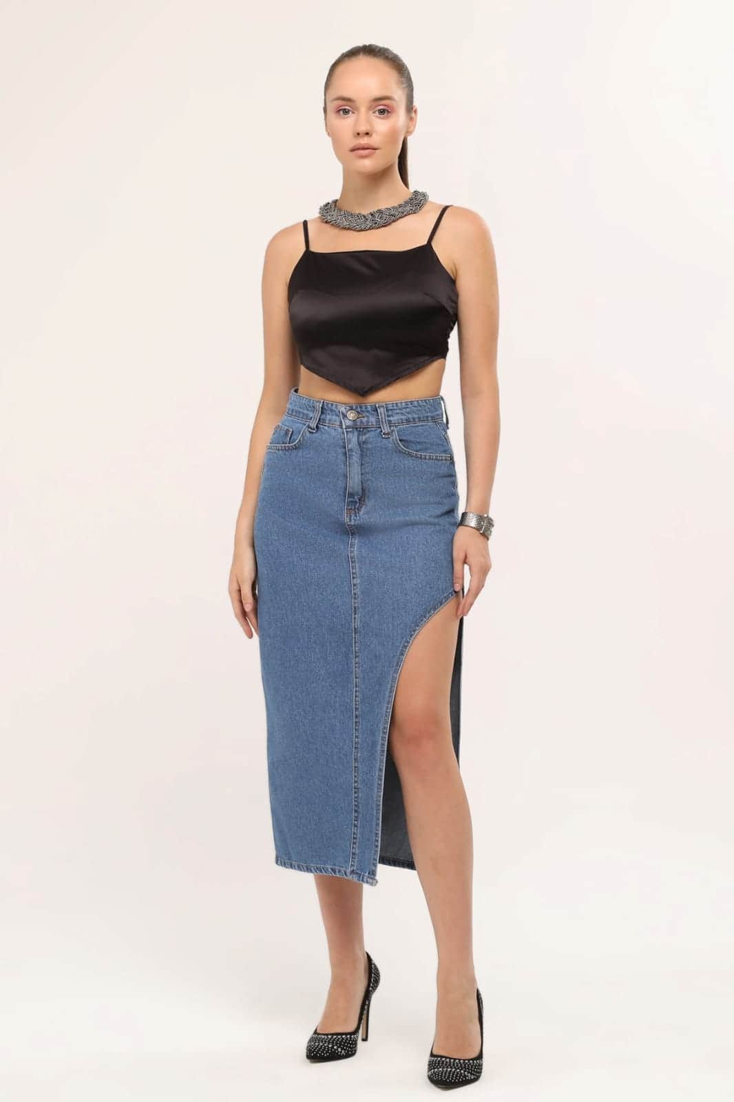 Vovikon KN Ön Parçalı Denim Mavi Asimetrik Kadın Kot Etek