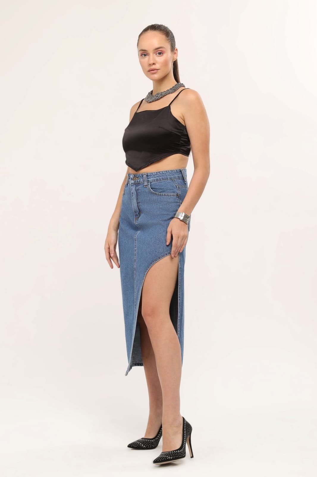 Vovikon KN Ön Parçalı Denim Mavi Asimetrik Kadın Kot Etek Vovikon KN Ön Parçalı Denim Mavi Asimetrik Kadın Kot Etek - Görsel 5