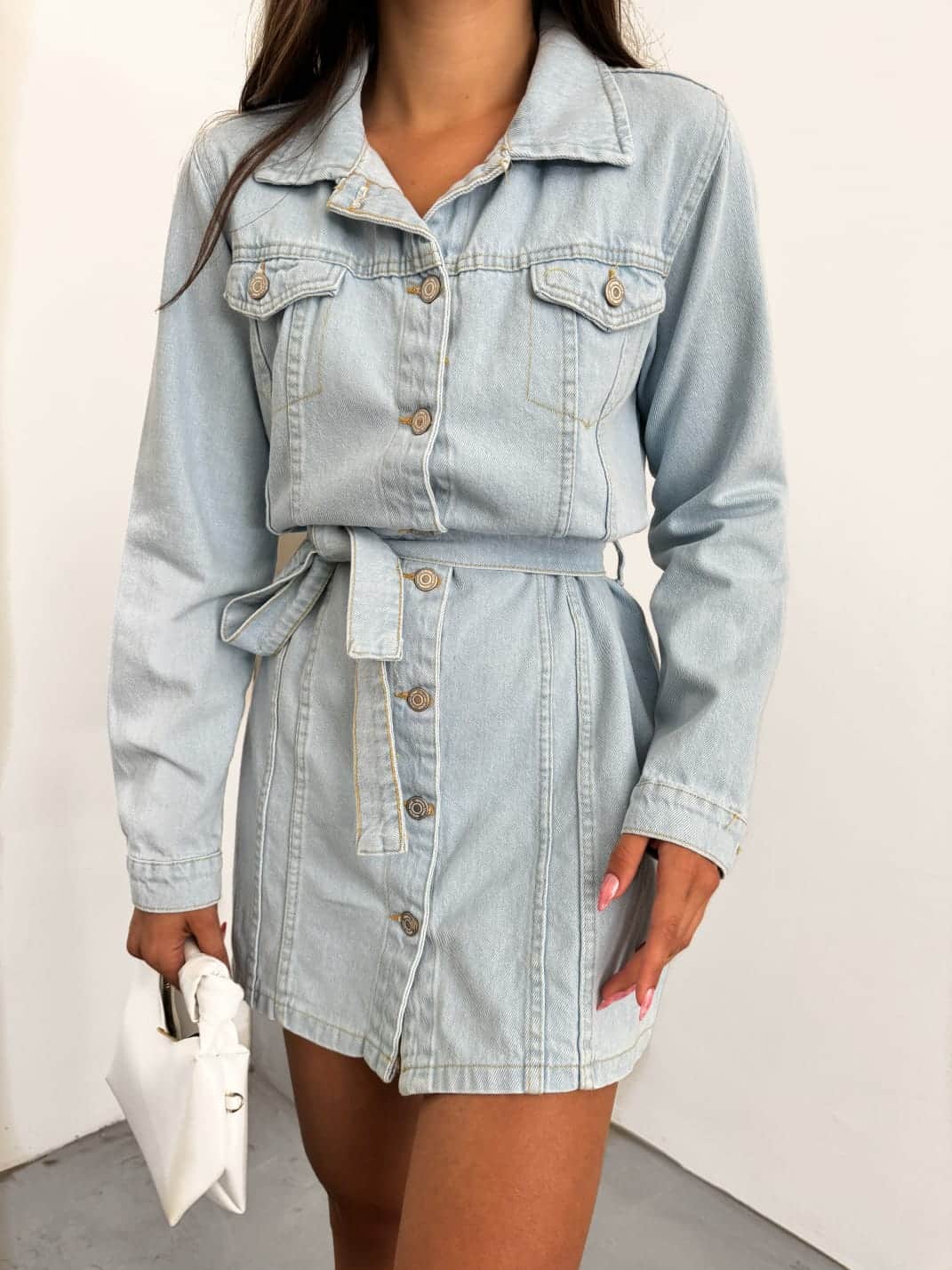 Vovikon KN Kuşaklı Denim Çift Cepli Buz Mavi Kot Elbise