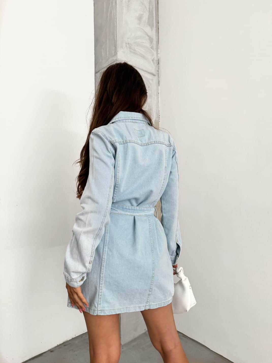 Vovikon KN Kuşaklı Denim Çift Cepli Buz Mavi Kot Elbise