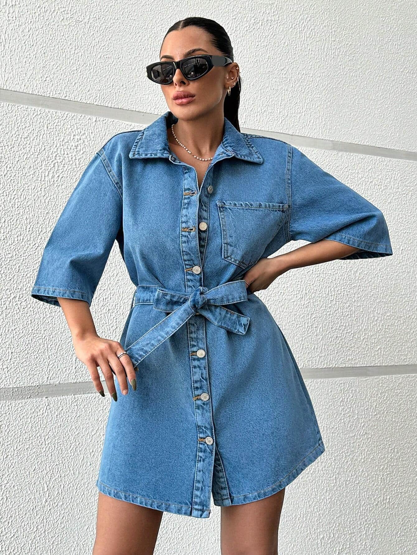 Vovikon KN Kuşaklı Kot Tek Cep Mavi Denim Elbise