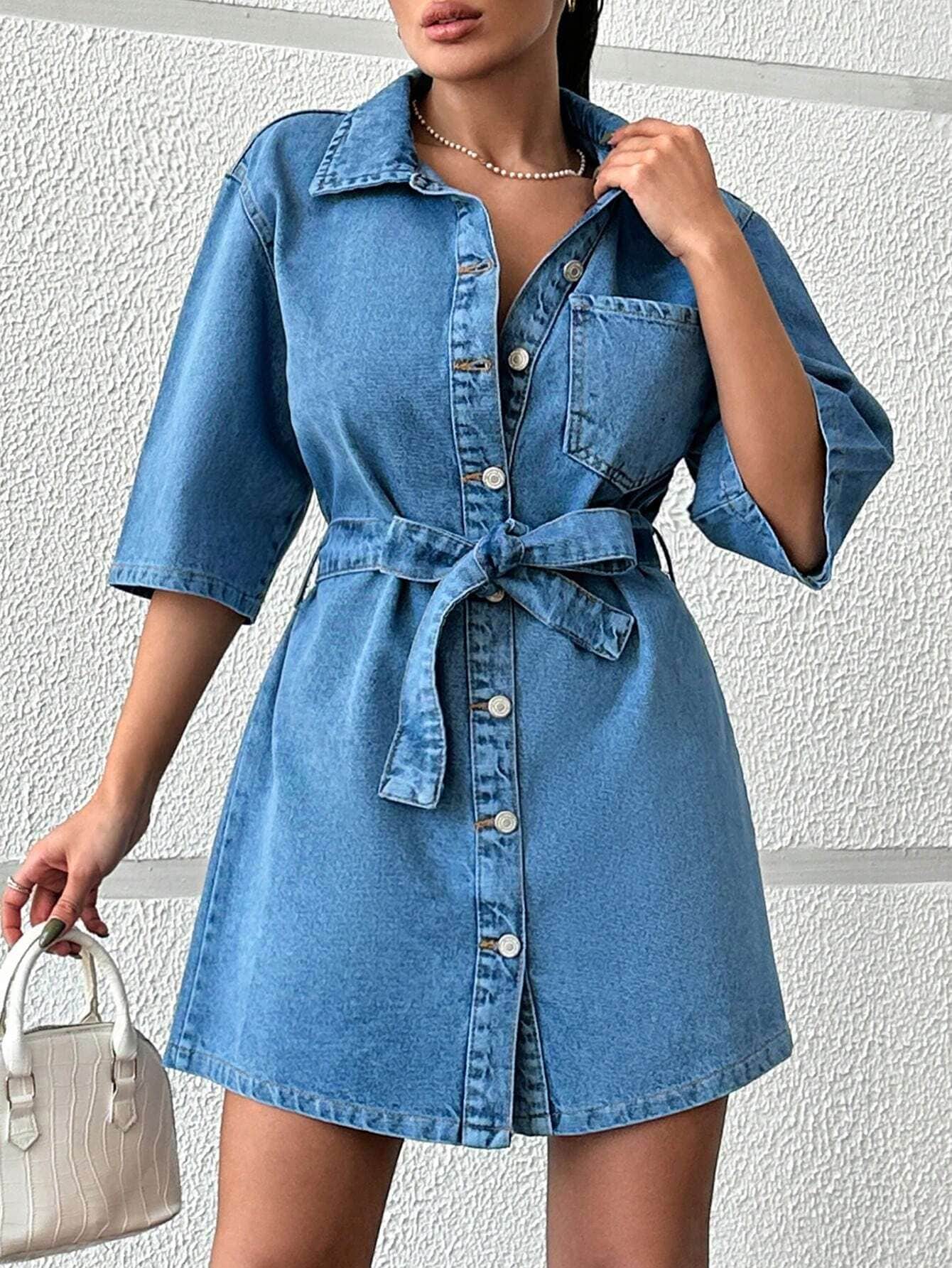 Vovikon KN Kuşaklı Kot Tek Cep Mavi Denim Elbise