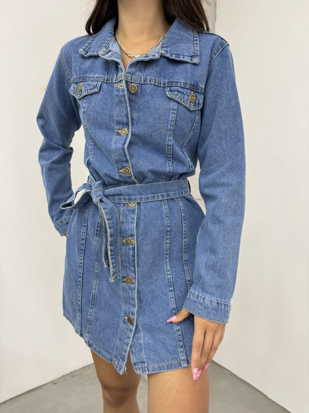 Vovikon KN Kuşaklı Denim Çift Cepli Mavi Kot Elbise Vovikon KN Kuşaklı Denim Çift Cepli Mavi Kot Elbise