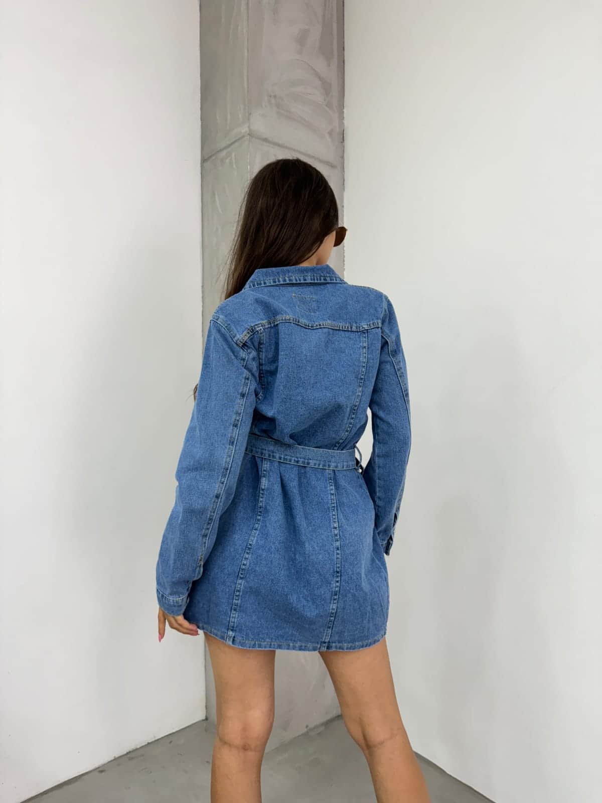 Vovikon KN Kuşaklı Denim Çift Cepli Mavi Kot Elbise